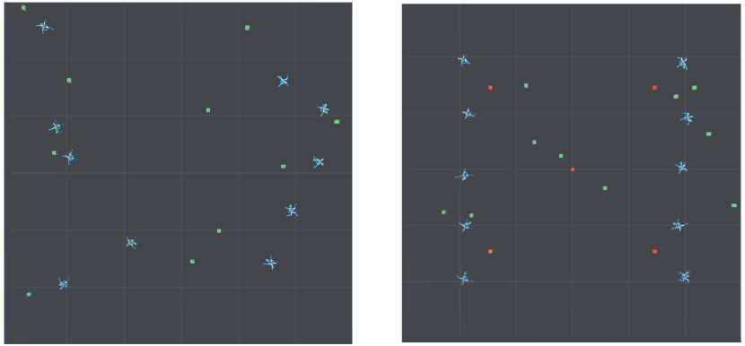 Two top-down arena views: crawler agents and green target points (left, baseline) and the same arena with red attacker-placed lure points scattered among them (right, under attack).
